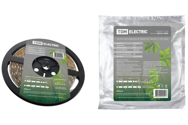 TDM Лента светодиодная SMD3528-240-54-12-192-3200 240LED/м, IP54, 12В, 19,2Вт, 3200К, SQ0331-0089