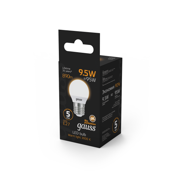 Купить Gauss Лампа Шар 9.5W 890lm 3000K E27 LED 105102110
