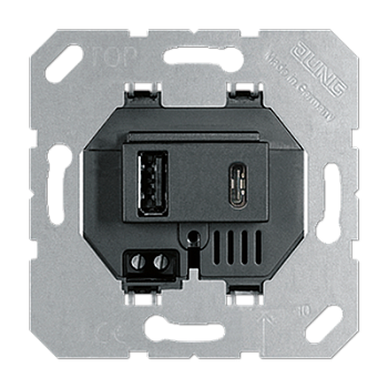 JUNG USB-зарядное устройство, USB тип А + USB тип С, выходной ток 3000 mA черный универсальные встраиваемые механизмы USB15CASW