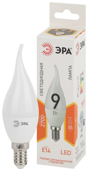 ЭРА LED BXS-9W-827-E14 (диод, свеча на ветру, 9Вт, тепл, E14)