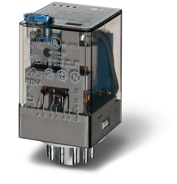 Finder Универсальное электромеханическое реле; монтаж в розетку 11-штырьковый разъем; 3CO 6A; раздвоенные контакты AgNi+Au; катушка 60В DC; степень за 601390605240