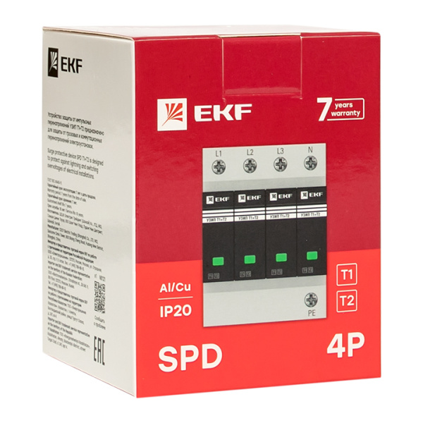 Купить EKF Устройство защиты от импульсных перенапряжений Т1+Т2; Iimp-12,5kA; In-20kA; Uc-275В; 4+0