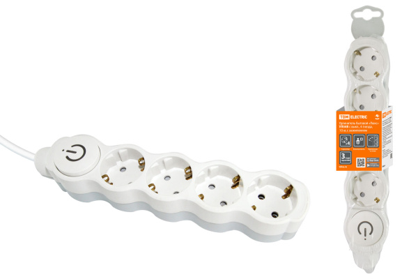 TDM Удлинитель бытовой "Люкс" УЛ04В выкл, 4 гнезда, 10м, с/з, с з/ш, ПВС 3х1мм2 16А/250В бело-серый SQ1303-0183