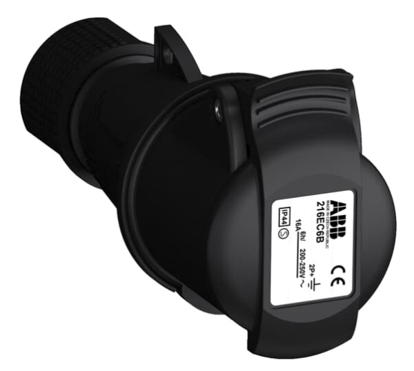 ABB Easy&Safe Розетка кабельная 216EC6B,16А,2P+E,IP44,6ч,черн 2CMA103578R1000