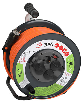 ЭРА Удлинитель силовой RMx-4es-3x2.5-30m-IP44 на металлической катушке с заземлением и выключателем 4 розетки 30м ПВС
