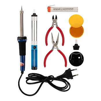 Набор для пайки №13 (паяльник 30Вт, подставка, губка для удаления припоя, канифоль, припой) Rexant 12-0166