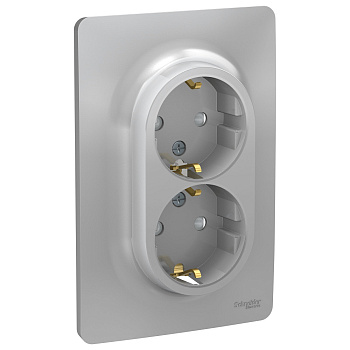 SE Unica New Алюминий Розетка с/з двойная, со шторками, винт. зажим. NU206730