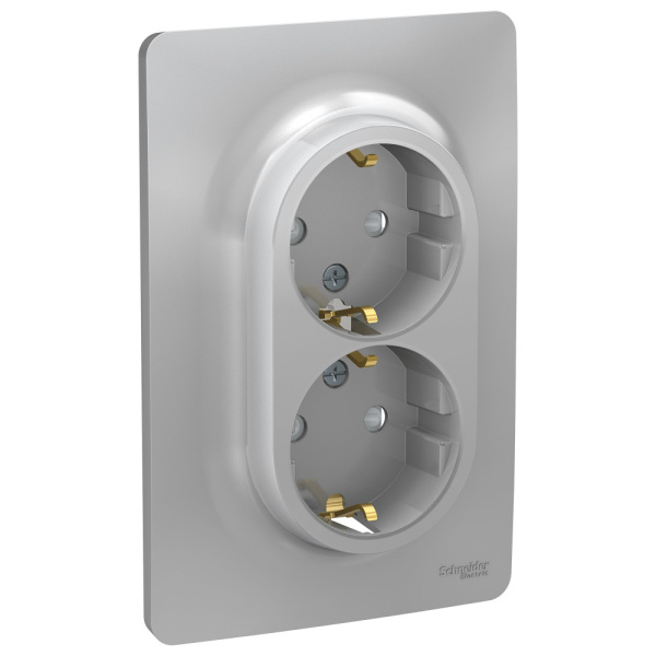 SE Unica New Алюминий Розетка с/з двойная, со шторками, винт. зажим. NU206730