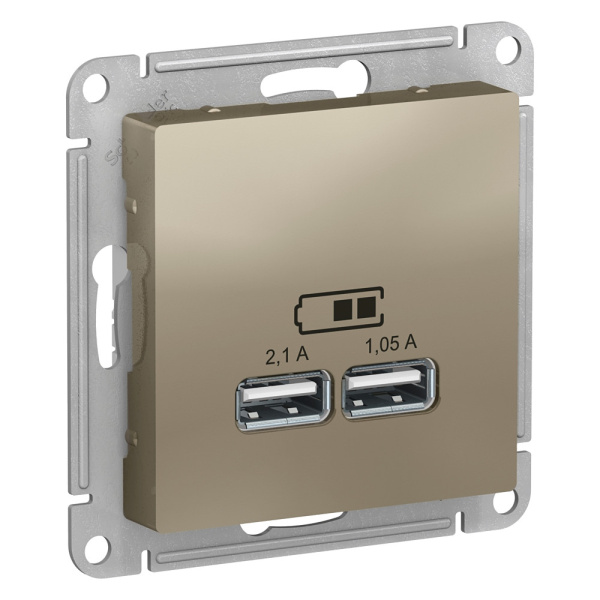 Systeme Electric AtlasDesign Шампань USB, 5В, 1 порт x 2,1 А, 2 порта х 1,05 А, механизм