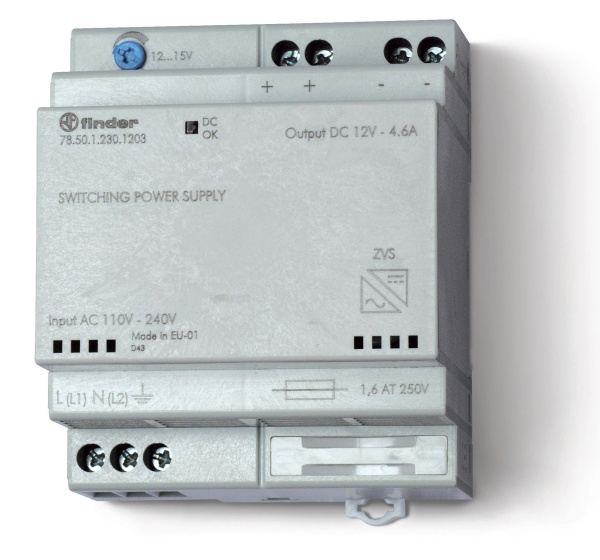 Finder Импульсный источник питания; вход 110...240В AC; выход 12В DC, 50Вт; модульный, ширина 70мм; предохранитель входой цепи; настройка выходного на 785012301203