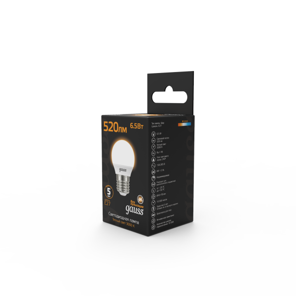 Купить Gauss Лампа Шар 6.5W 520lm 3000K E27 LED 105102107