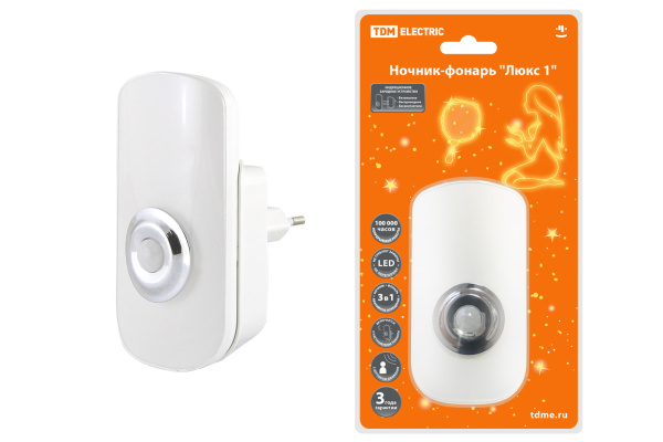 TDM Ночник-фонарь "Люкс 1", 1х0,5 Вт + 9LED, 70 лм/Вт, Li-Ion 500 мАч, дат. освещ. и движ., 220 В, SQ0357-0024