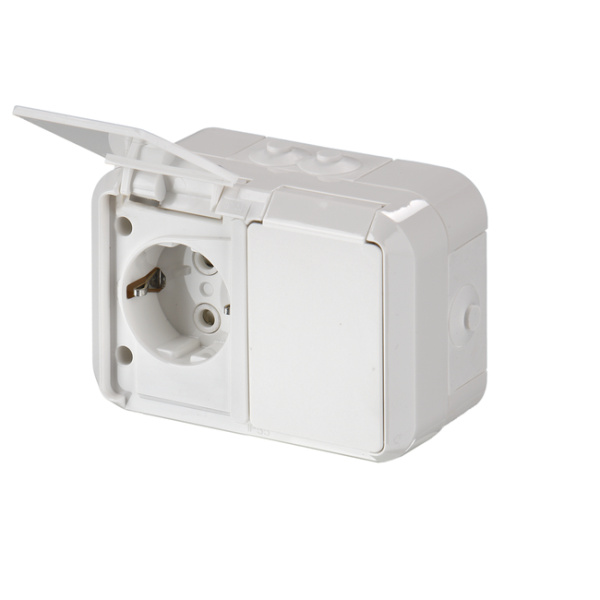 ABB Jussi Бел Розетка DoubleSCHUKO в сборе с заземл., 16А/250В IP44 зажимн. клеммы, наружн. монтаж 2TKA000996G1