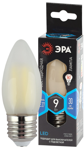 ЭРА F-LED B35-9w-840-E27 frost (филамент, свеча мат, 9Вт, нейтр, E27)