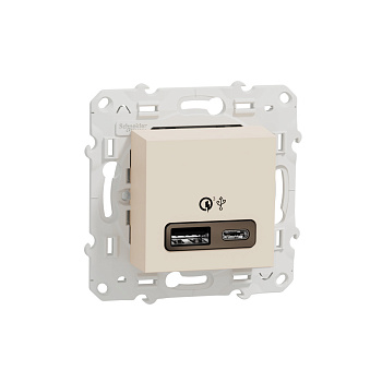 SE Unica New Бежевый Розетка быстрая зарядка USB, 2-местная, тип А+С, 18 Вт NU501944