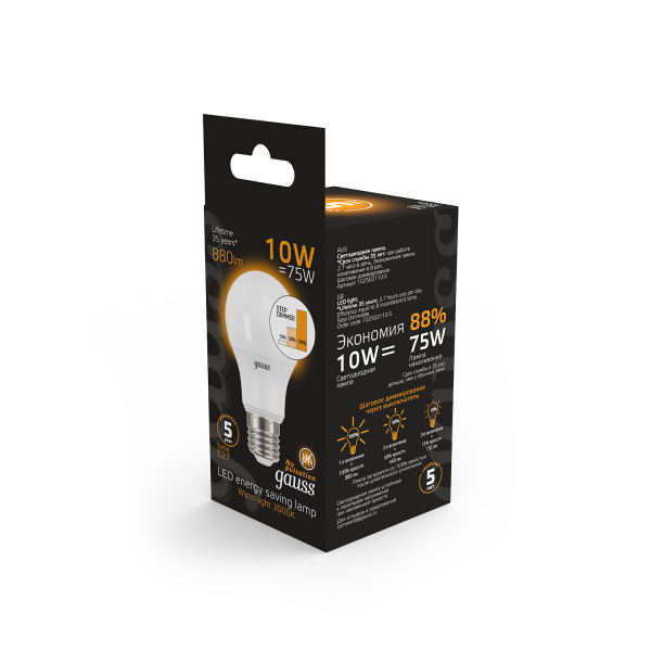 Купить Gauss Лампа A60 10W 880lm 3000K E27 шаг. диммирование LED 102502110-S