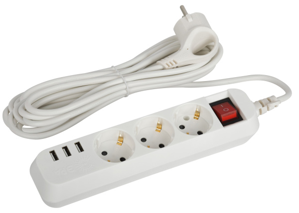 ЭРА Удлинитель электрический ЭРА U-3es-5m-USB c заземлением с выключателем 3 розетки + 3xUSBA 5м 10А
