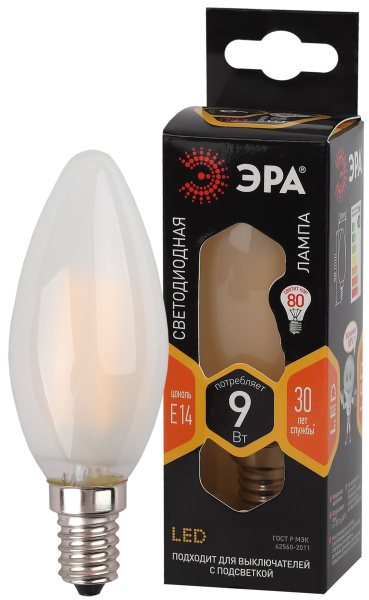 ЭРА F-LED B35-9w-827-E14 frost (филамент, свеча мат, 9Вт, тепл, E14)