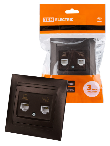 TDM Розетка телефонная RJ11 + компьютерная RJ45 шоколад "Лама" SQ1815-0519