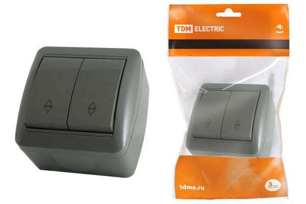 TDM Выключатель на 2 направления 2-кл. открытой установки IP44 10А серый "Селигер" SQ1818-0112