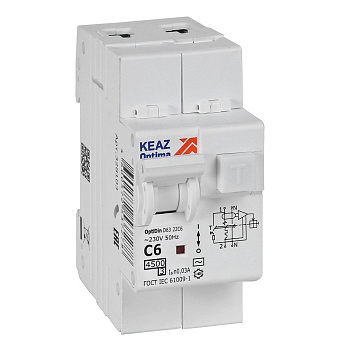 КЭАЗ Автоматический выключатель дифференциального тока АВДТ с защитой от сверхтоков OptiDin D63-22C6-AC-У3 (2P, C6, 30mA, 4,5кА) 328103