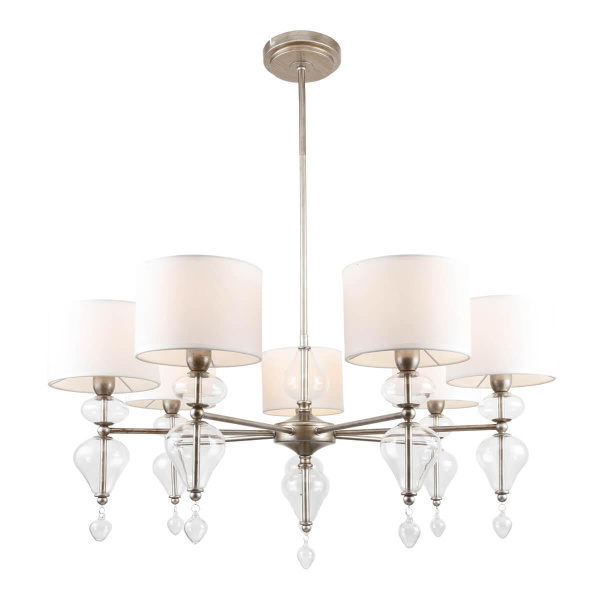 Favourite подвесная люстра каркас цвета античное серебро, плафоны из белой ткани, декоративные элементы из прозрачного выдувного стекла 2554-7P