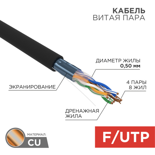 Кабель FTP 4PR 24AWG CAT5e 305м OUTDOOR (В коробке) Rexant 01-0146-1