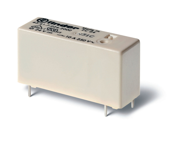 Finder Низкопрофильное миниатюрное электромеханическое реле; монтаж на печатную плату; выводы с шагом 5мм; 1NO 10A; контакты AgNi; катушка 12В DС (чув 434170120300