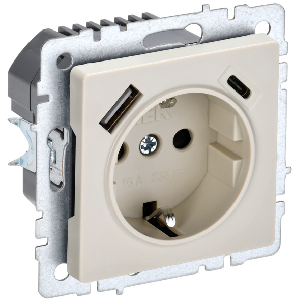 IEK BRITE BASE Бежевый Розетка с з/к/ш 16А с USB A+C 18Вт РЮш11-1-БрКр
