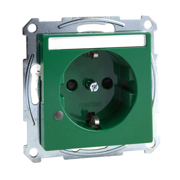 Купить SE Merten SM Зеленая Розетка с/з с защитными шторками, полем для надписи и индикацией (MTN2303-0304)