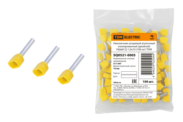 TDM Наконечник штыревой втулочный изолированный (двойной) НШвИ (2) 1,0х10 (100 шт) SQ0521-0005