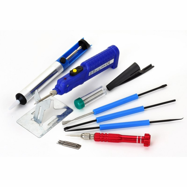 Набор для пайки (паяльник 8Вт, оловоотсос, подставка, припой, отвертка, интрумент для монтажа) Rexant 12-0167