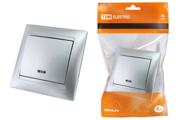 TDM Выключатель 1 кл. с подсветкой 10А серебр. металлик "Лама" SQ1815-0204