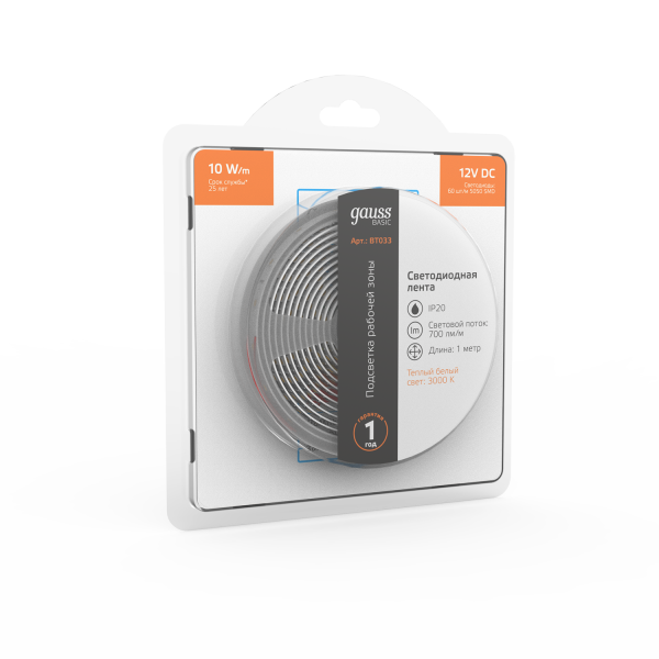 Купить Gauss Лента Basic 12V 10W/m 700lm/m 3000K IP20 LED 1m 1/100 BT033