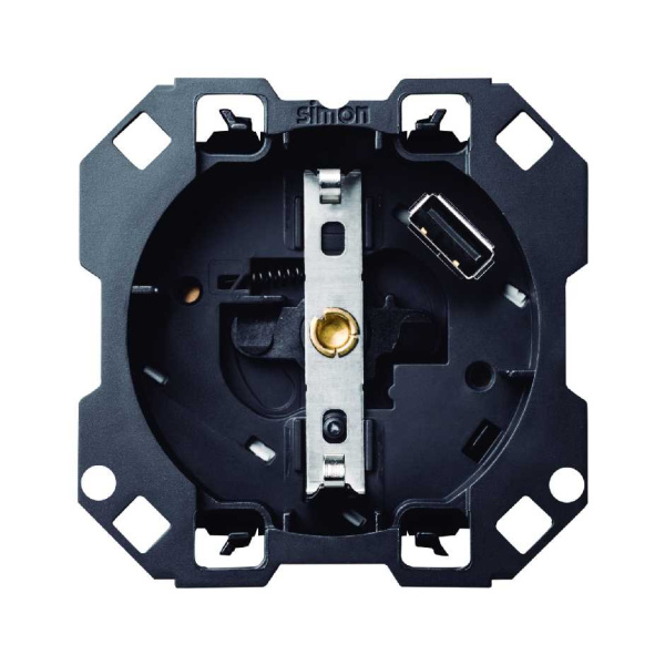 Simon 100 Розетка с заземлением и шторками Schuko 2Р+Е 16A 250В~ с з/у USB SmartCharge 2.1A 5В 10001432-039