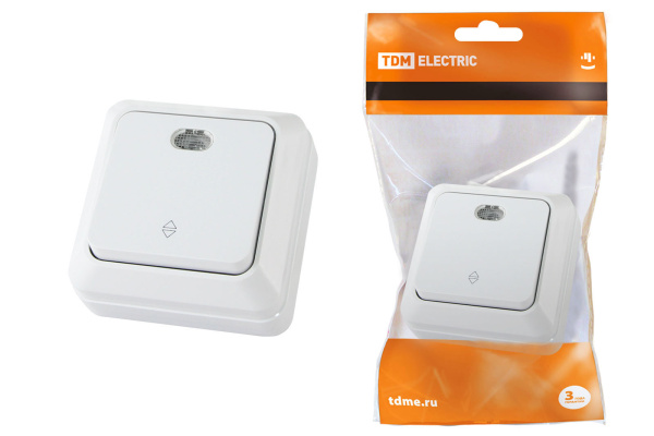 TDM Переключатель на 2 направления 1-кл. открытой установки с подсветкой IP20 10А, белый "Ладога" SQ1801-0011