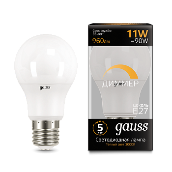 Gauss Лампа A60 11W 960lm 3000К E27 диммируемая LED 102502111-D