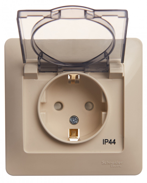 Купить Systeme Electric Glossa Беж Розетка с/з со шторками с крышкой, IP44 (в сборе с рамкой)