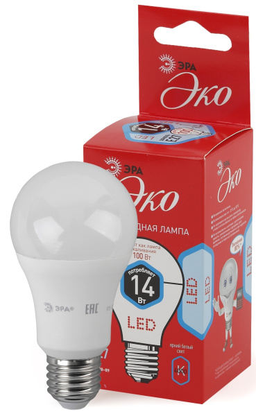 ЭРА Лампы СВЕТОДИОДНЫЕ ЭКО ECO LED A60-14W-840-E27 (диод, груша, 14Вт, нейтр, E27)