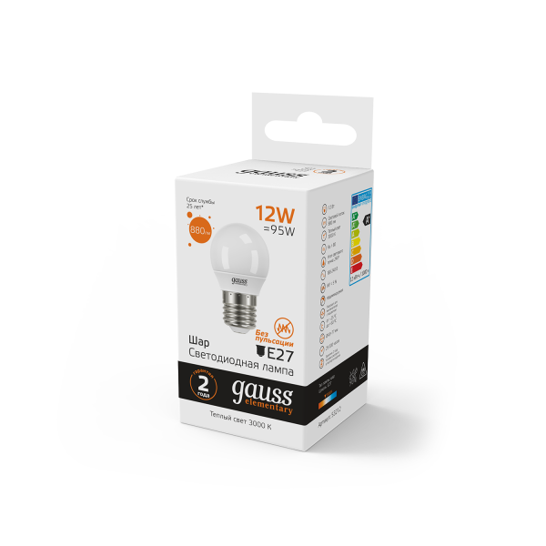 Купить Gauss Лампа Elementary Шар 12W 880lm 3000K Е27 LED 53212