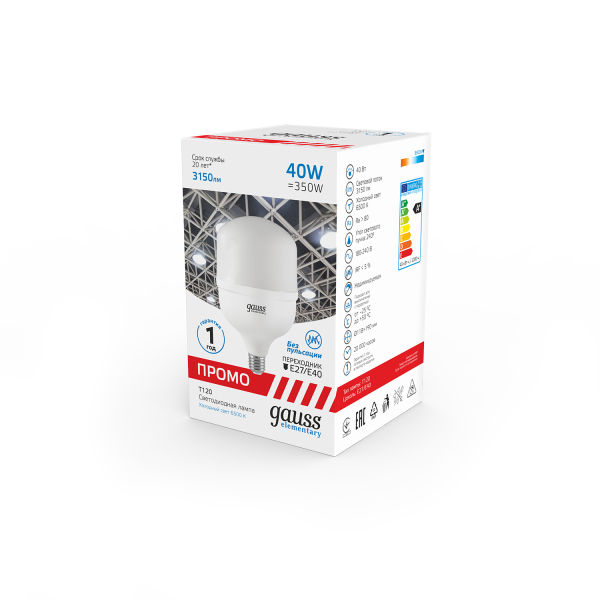 Купить Gauss Лампа Elementary T120 40W 3150lm 6500K E27/E40 Promo LED 60434