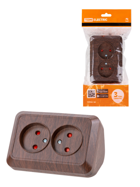 TDM Розетка угловая двойная 2П открытой установки с з/ш IP20 250В 10А бук "Ладога" SQ1801-0342