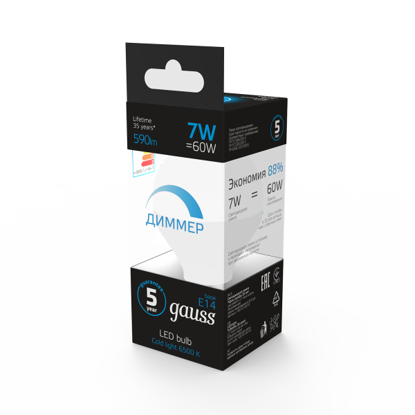 Купить Gauss Лампа Шар 7W 590lm 6500К E14 диммируемая LED 105101307-D