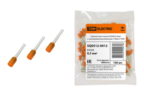TDM Наконечник-гильза Е0508 0,5мм2 с изолированным фланцем (100шт) SQ0512-0012