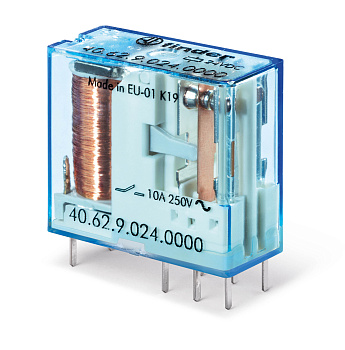 Finder Миниатюрное универсальное электромеханическое реле; монтаж на печатную плату или в розетку; выводы с шагом 5мм; 2CO 10A; контакты AgNi; катушка 406270120000PAC
