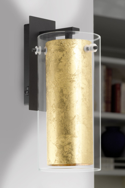 Купить Eglo 97839 Бра PINTO GOLD, 1х60W (E27), L110, A140, H230, сталь, черный / стекло, прозрачный, золотой