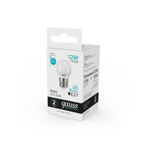 Купить Gauss Лампа Elementary Шар 12W 920lm 4100K Е27 LED 53222