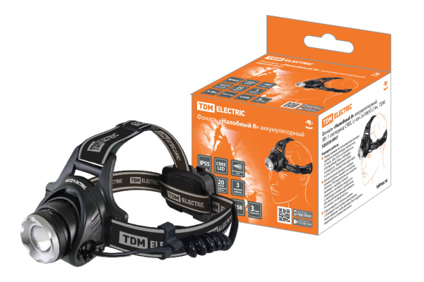 TDM Фонарь «Налобный 8» аккумуляторный, 3Вт 1 светодиод CREE, Li-Ion 2x18650 2 Ач, SQ0350-0047