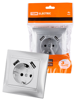 TDM Розетка 2П+З 16А 250В + 2 USB порта 2,1А 5В металлик "Лама" SQ1815-0242