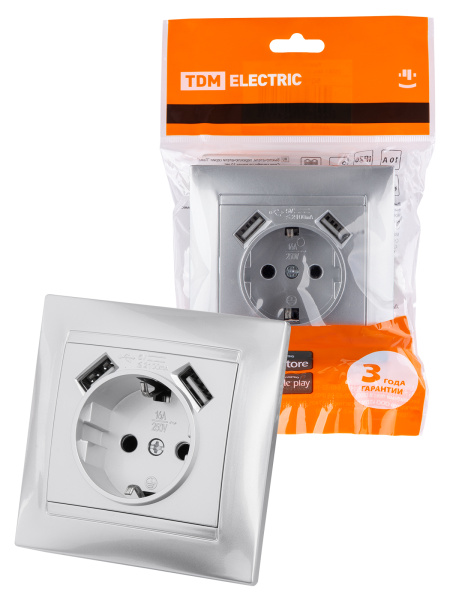 TDM Розетка 2П+З 16А 250В + 2 USB порта 2,1А 5В металлик "Лама" SQ1815-0242